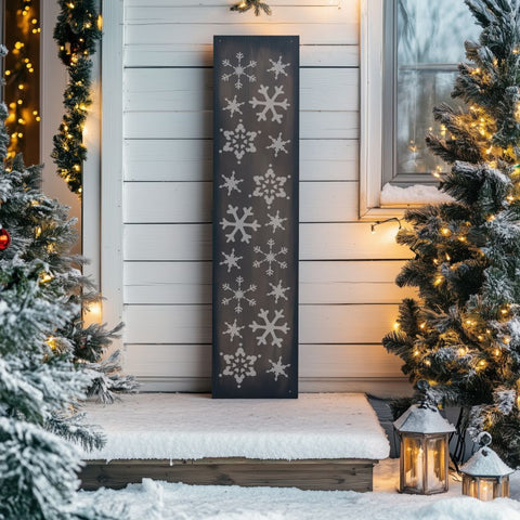 Snowflakes Wall Stencil Painted onto a vertical porch sign