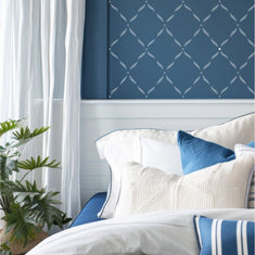 Ribbon Lattice Wall Stencil Painted onto a bedroom wall