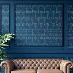 Filigree Wall Stencil painted onto a blue wall