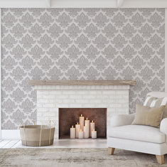 Olivia Contemporary Damask Allover Wall Stencil - Room Setting