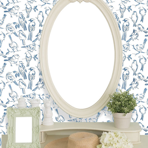 Woodland Birds Allover Wall Stencil - Room Setting