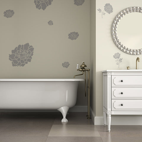 Heirloom Peony Wall Stencil In BathRoom