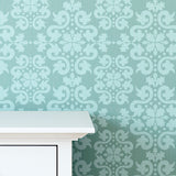 Jaipur Damask Wall Stencil On Wall Upclose