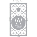 Scales Designer Monogram and Name Cornhole Board Stencil measurements